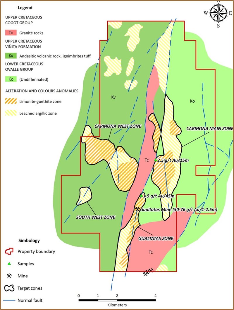 Carmona Project geology map showing alteration systems and claim boundaries