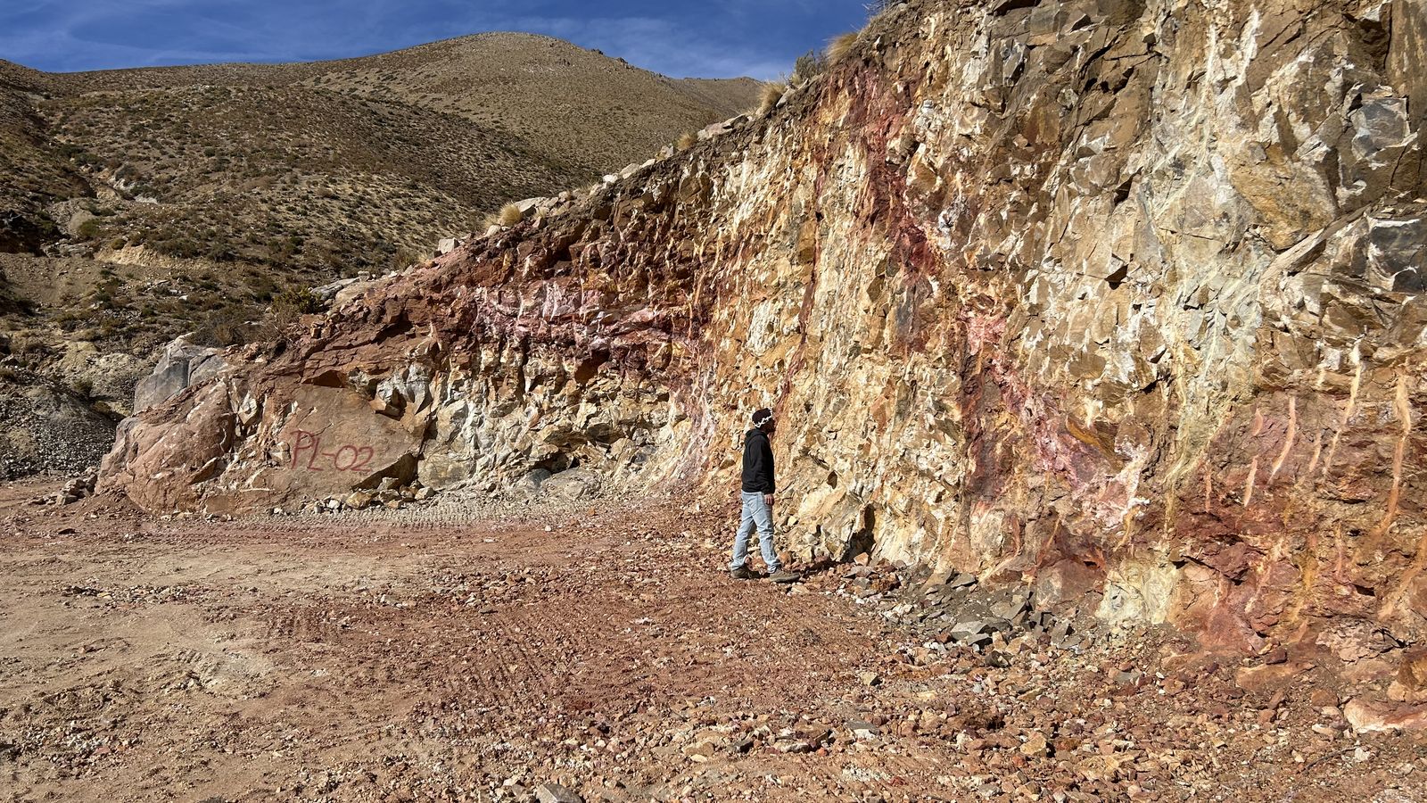 Exposed altered and mineralized rock at Oro Brillante